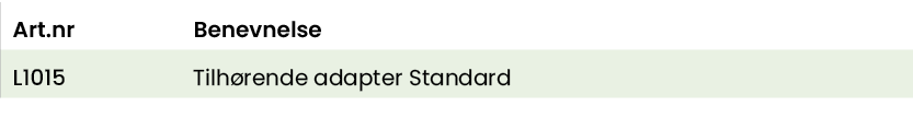 Art nr,Benevnelse,L1015,Tilhørende adapter Standard